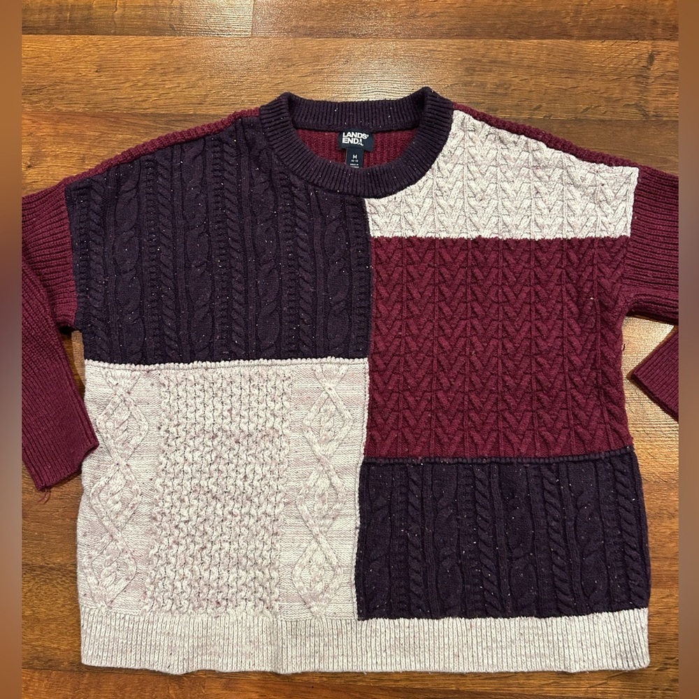 Lands End Womens Cable Knit Heavy Sweater Sz Medium Purple Color Block